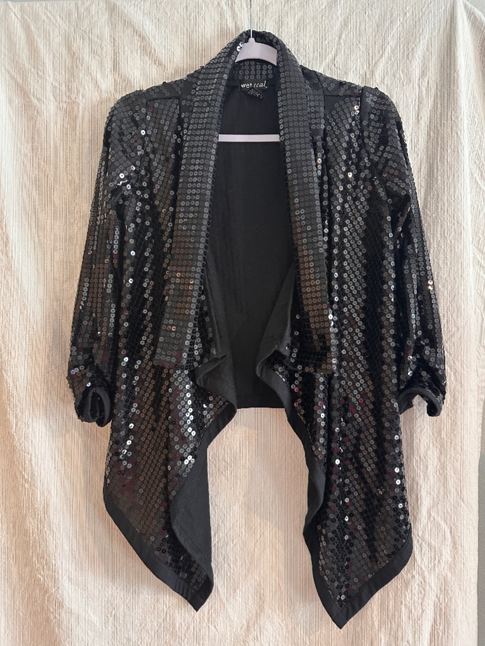 Wet Seal Black Sequin Waterfall Blazer Jacket Size Large Y2K Party